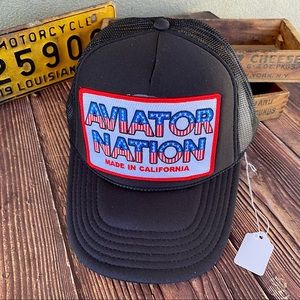 🆕🇺🇸AVIATOR NATION BLACK MESH BACK TRUCKER HAT W/RED WHITE+BLUE LOGO PATCH NWT